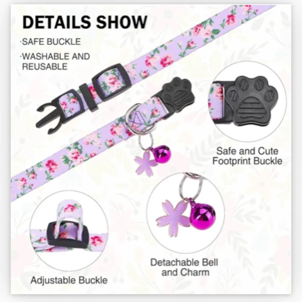 Set of 2 - Floral Breakaway Pet Collars with Bell and Pendant